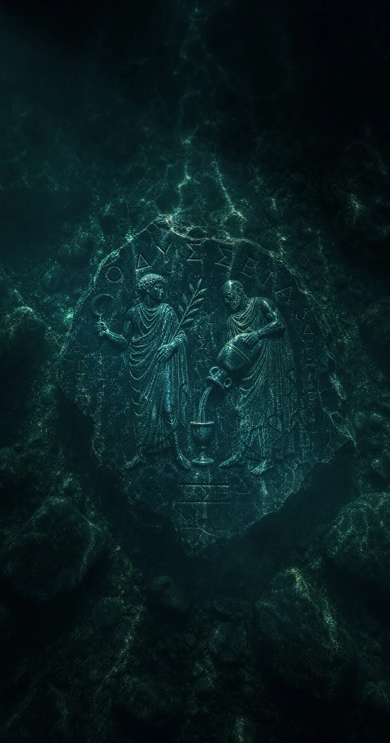 L'Odyssée — bajorrelieve antiguo sumergido con dos figuras griegas y un ánfora, el visual del capítulo actual de Double Impact